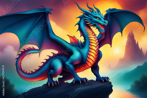 Dragon on the cliff at sunset. Vector illustration of fantasy dragon. Generative AI © Photo Wall