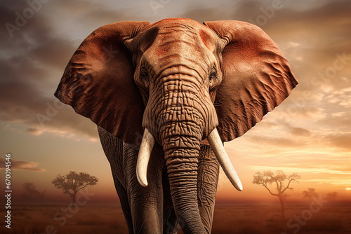 The close up photo of the majestic African elephant under the sunset sky at the Savannah field. Generative AI. © Surachetsh