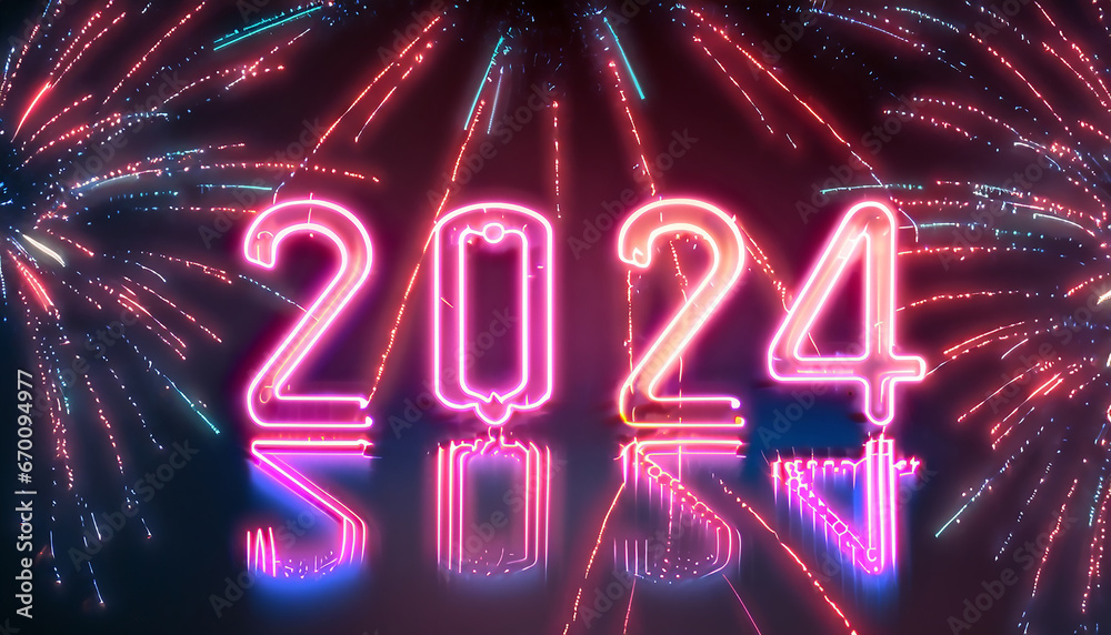 Neon inscription 2024. Colorful fireworks in the background. New Year's Eve, New Year's Eve. 90s style

 - obrazy, fototapety, plakaty 