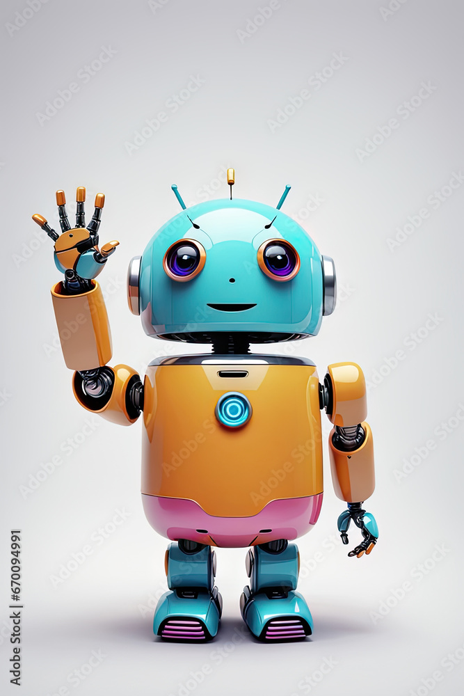 3d render,Cute robot with smiling face waving its hand. Chatbot greets. isolated on white backdrop