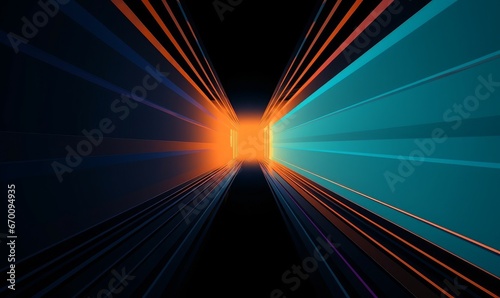 Abstract blue and orange tunnel with light rays on black background. Generative AI.