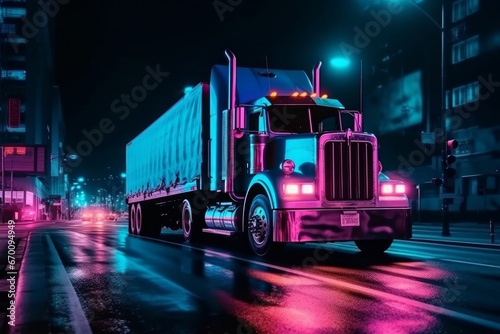 Big truck driving through the city. Generative AI.