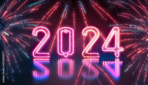 Neon inscription 2024. Colorful fireworks in the background. New Year's Eve, New Year's Eve. 90s style

