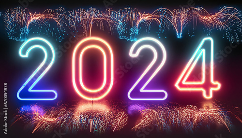 Neon inscription 2024. Colorful fireworks in the background. New Year's Eve, New Year's Eve. 90s style

 photo