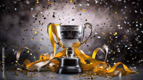 championship cup or winner trophy in golden and silver shiny chrome with celebration confetti and ribbon decoration as wide banner isolated on white background with copy space area