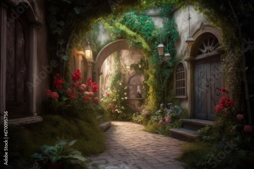 This is an ivy covered alleyway in a fantasy world, in the style of photorealistic renderings. Generative AI. © YULIIA