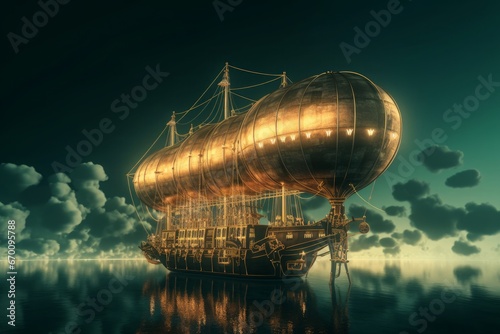 3d rendering of a goldrimmed ship with dark clouds surrounding it, in the style of dark gold and light cyan. Generative AI.