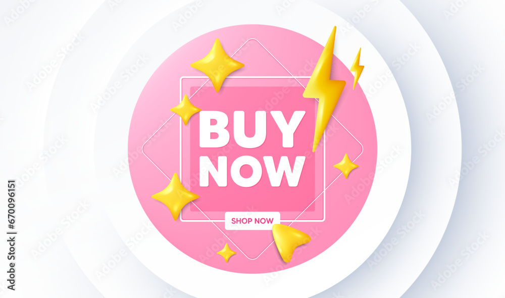 Buy Now tag. Neumorphic promotion banner. Special offer price sign. Advertising Discounts symbol. Buy now message. 3d stars with energy thunderbolt. Vector