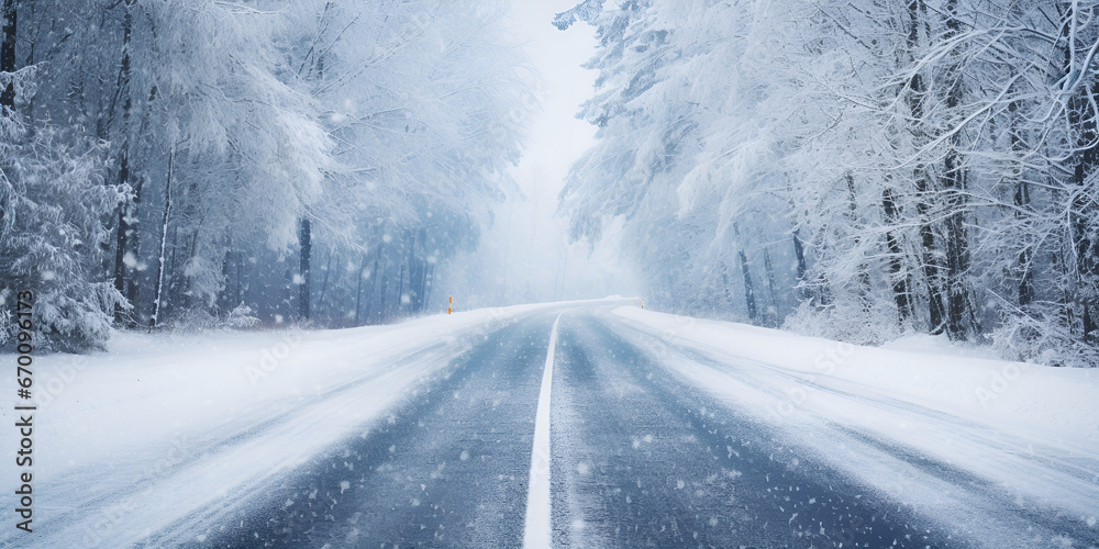 Snow and fog on the winter road landscape / view of the seasonal weather a dangerous road, a winter lonely landscape white snow background 