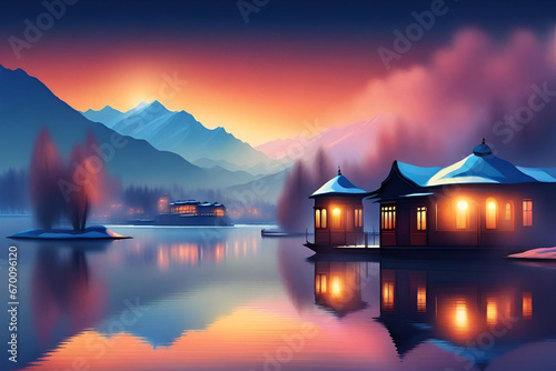 Houses on the lake in the mountains at sunset. Generative AI