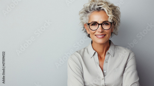 Portrait of happy older businesswoman in eyeglasses smiling at camera. photo