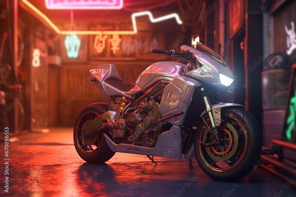 Futuristic motorcycle in the night club with neon lights. Generative AI.