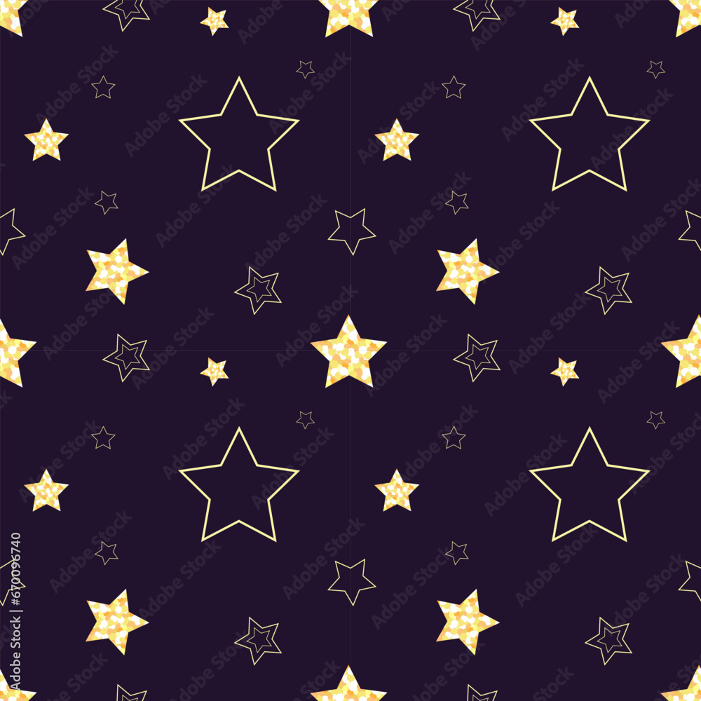 Fototapeta premium Pattern with gold stars on dark purple background. Vector illustration