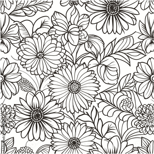 Floral Pattern. Trendy seamless Fashion Texture. Black Line on white background. Vector botanical illustration for fabric  wrapping and other design.
