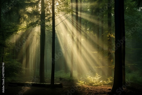 Morning forest with light mist and sunlight rays. Generative AI