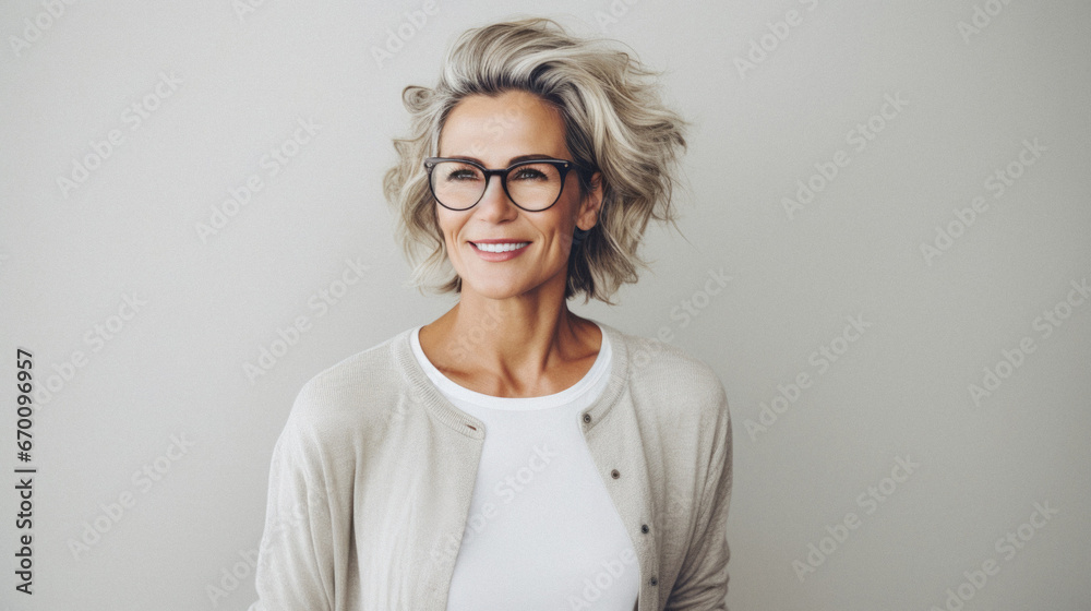Portrait of smiling middle aged businesswoman in eyeglasses with curly hair.