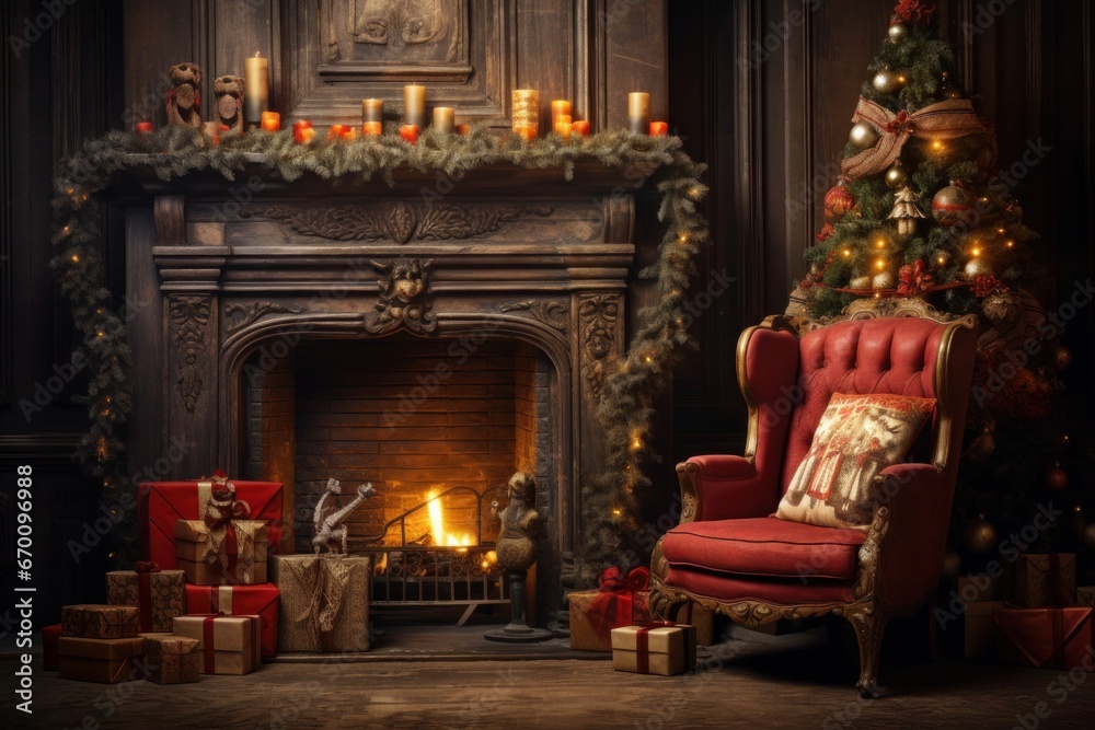 Christmas tree, fireplace and armchair. Luxury home interior. Generative AI.