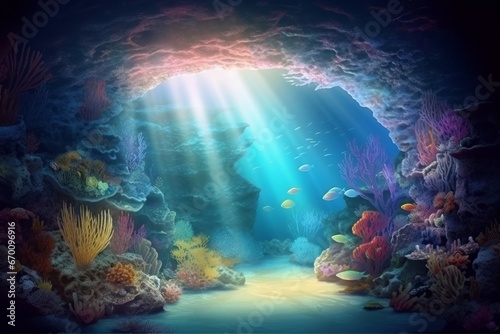 Ocean cave with sea creatures and corals. Generative AI.