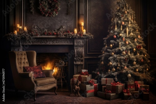 Luxury Christmas living room with fireplace, armchair and Christmas tree. Generative AI.