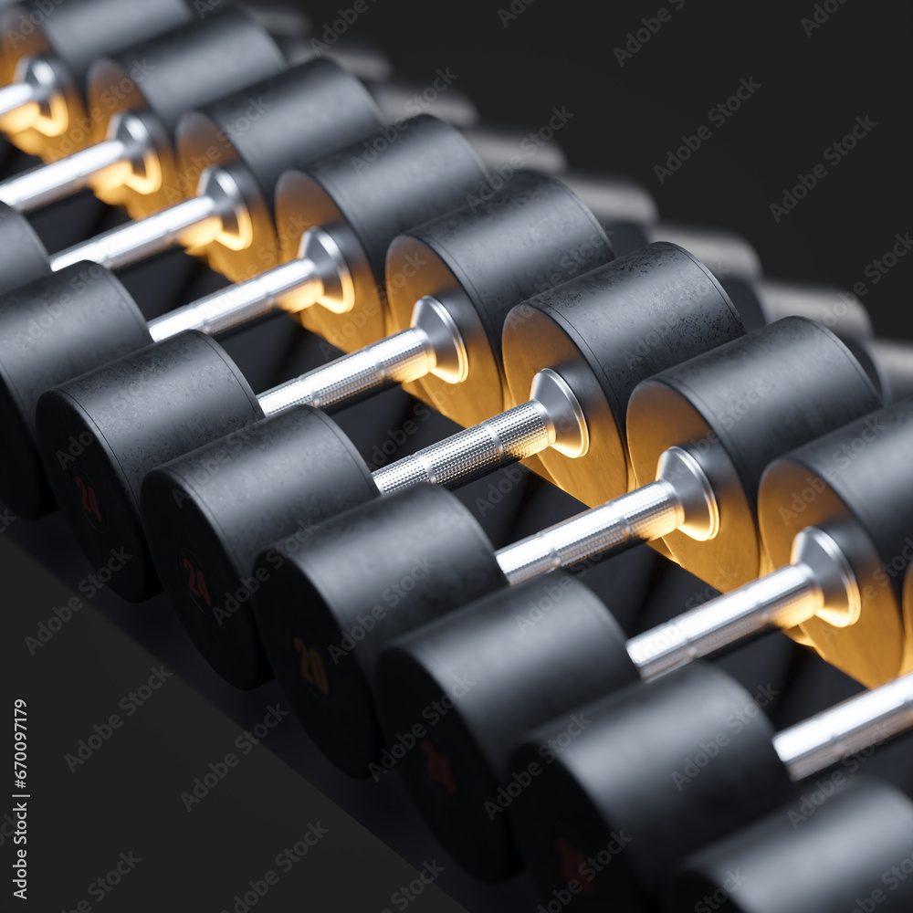Obraz premium A row of shiny gym dumbbells lined up neatly on a rack, ready for a workout.