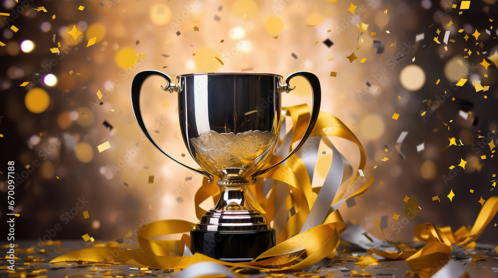 championship cup or winner trophy in golden and silver shiny chrome with celebration confetti and ribbon decoration as wide banner isolated on white background with copy space area