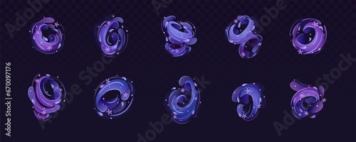 Snowy weather effects, blizzard, wind, funnel, whirlwind. Snow storm, intense cold, strong wind, snow precipitation, snow, snowflakes. Multicolor isolated effects set, vector cartoon illustration.