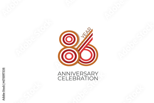 86th, 86 years, 86 year anniversary with retro style in 3 colors, red, pink and brown on white background for invitation card, poster, internet, design, poster, greeting cards, event - vector