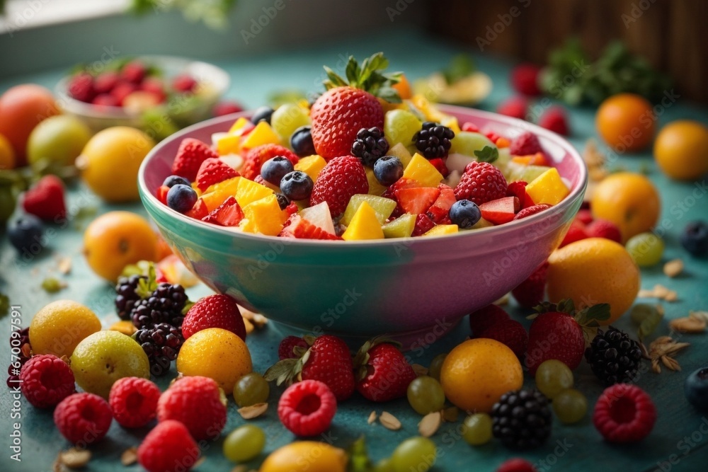 Fruit salad spilling on the floor was a mess of vibrant colors and textures 