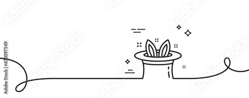 Hat-trick line icon. Continuous one line with curl. Magic tricks with hat and rabbit sign. Illusionist show symbol. Hat-trick single outline ribbon. Loop curve pattern. Vector