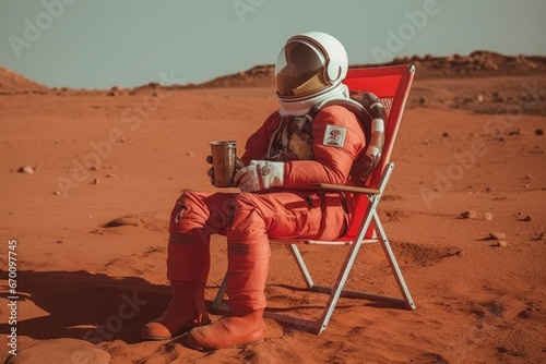 The astronaut sitting in a chair with his food on a red planet. Generative AI.