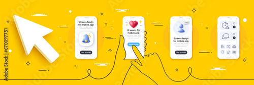 Mobile survey, Smartphone recovery and Attention line icons pack. Phone screen mockup with 3d alert bell, health and headshot. Web inventory, Smartphone broken, Group web icon. Vector
