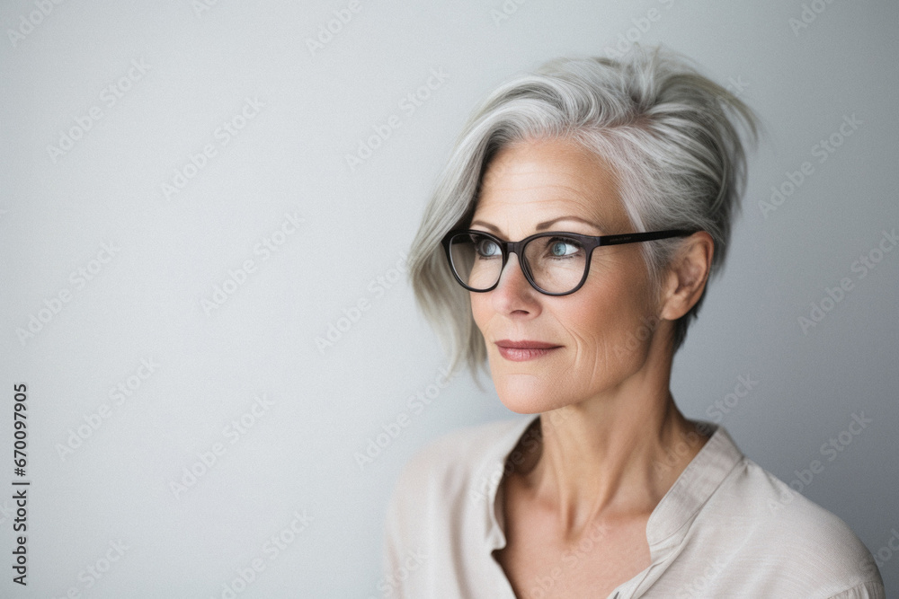 Portrait of mature woman with eyeglasses looking away against grey background. Portrait of mature woman with eyeglasses looking away against grey background.