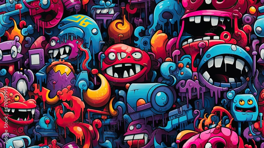 Seamless pattern with cute cartoon monsters.pattern with Graffiti monsters .