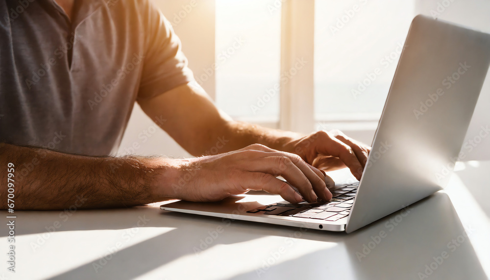 Fototapeta premium Close-up portrait typing keyboard on laptop computer