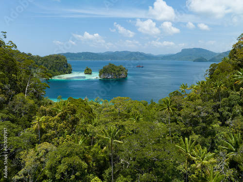 Limestone islands, covered by rainforest, are fringed by coral reefs in Alyui Bay, Raja Ampat, Indonesia. The coral reefs of this tropical region support the greatest marine biodiversity on Earth. © ead72