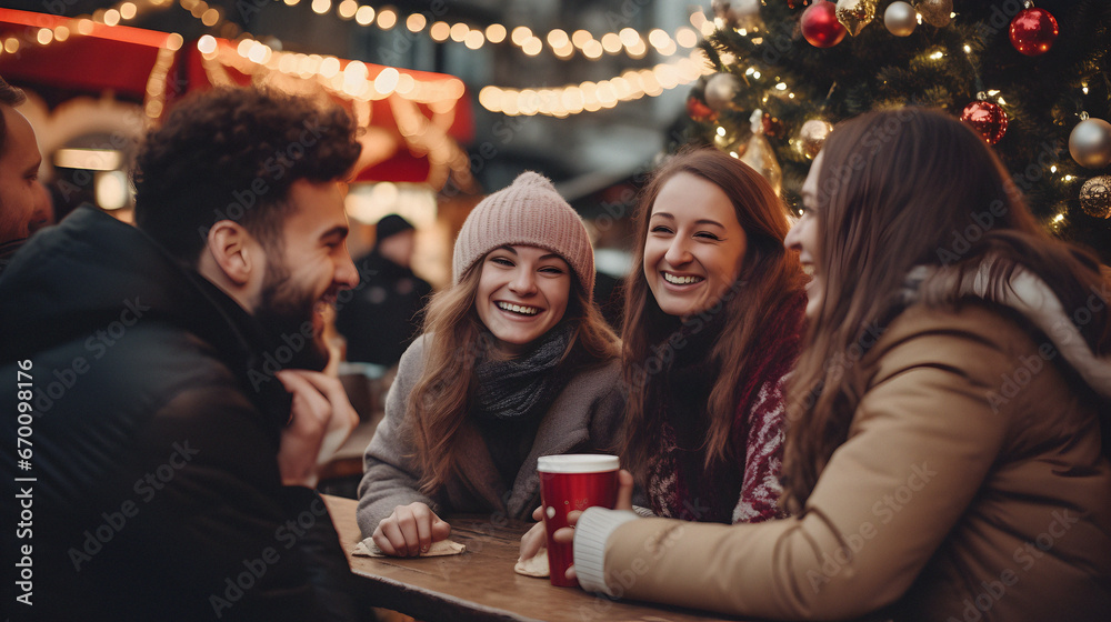 A group of young adults enjoying hot drinks on a Christmas Market A group of young adults enjoying hot drinks on a Christmas Market