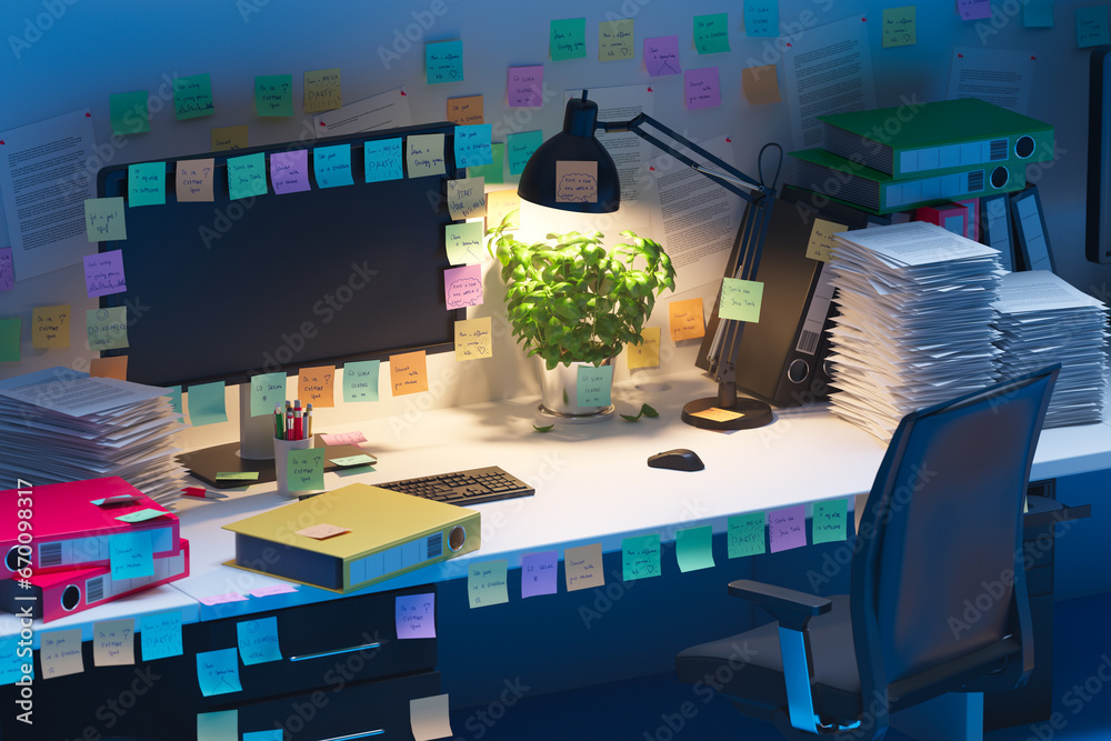 A cluttered desk with scattered papers, notes, and office supplies. Messy work