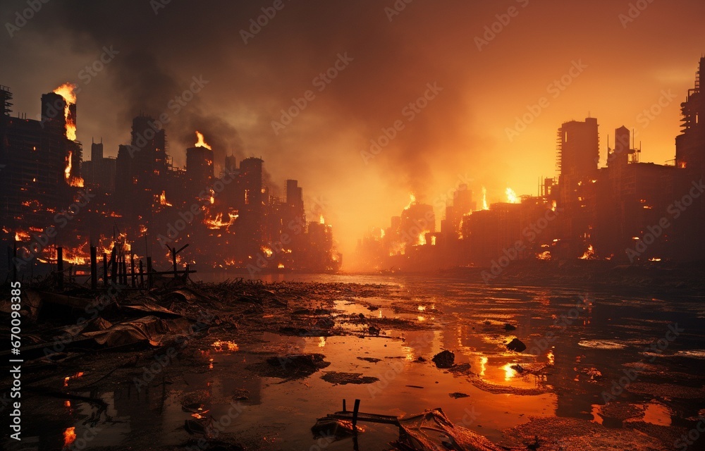 a picture of a city that has been completely destroyed by fire. - obrazy, fototapety, plakaty 