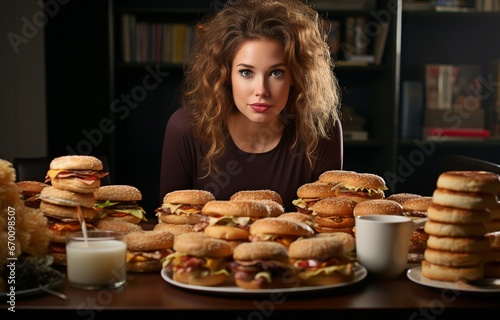 A woman eating fast food burgers and pizza at her desk illustrates the concept of binge eating disorder.. photo