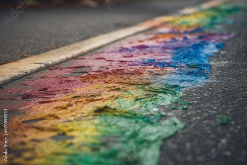 Colorful rainbow stain on wet road, textured abstract background depicting environmental pollution. Generative AI