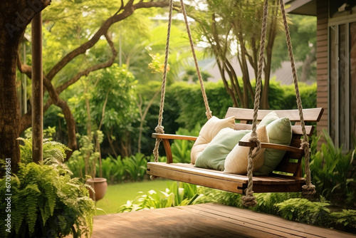 beautiful wooden cozy swing hanged with rope in a green home garden backyard with green plants and trees and relaxation morning spring light for home landscaping design concepts