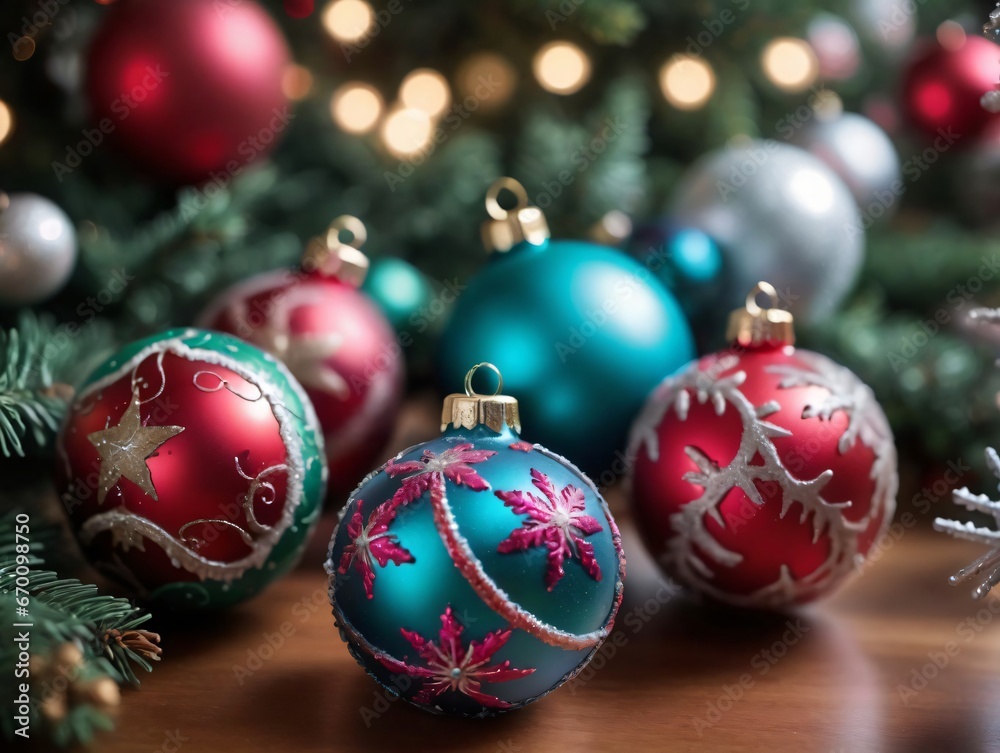 Christmas Ornaments On A Table With Christmas Tree In The Background Christmas Ornaments On A Table With Christmas Tree In The Background