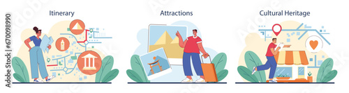 Tourism set. People traveling the world seeing attractions and cultural heritage. Traveler booking a hotel and packing a baggage. Active lifestyle. Flat vector illustration