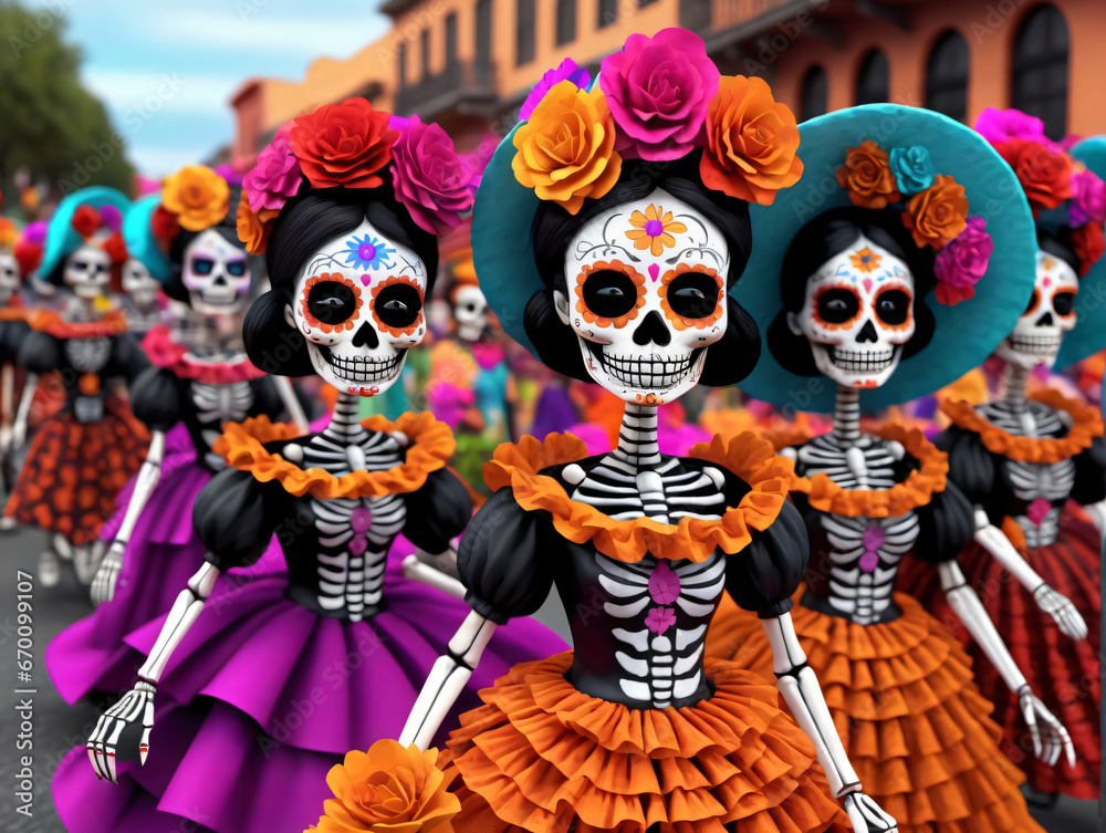 A Group Of Skeletons In Colorful Dresses A Group Of Skeletons In Colorful Dresses