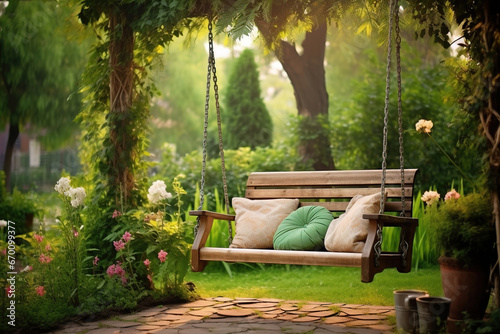 beautiful wooden cozy swing hanged with rope in a green home garden backyard with green plants and trees and relaxation morning spring light for home landscaping design concepts photo
