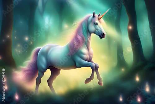 Unicorn in the forest. Fantasy magic illustration. Vector. Generative AI