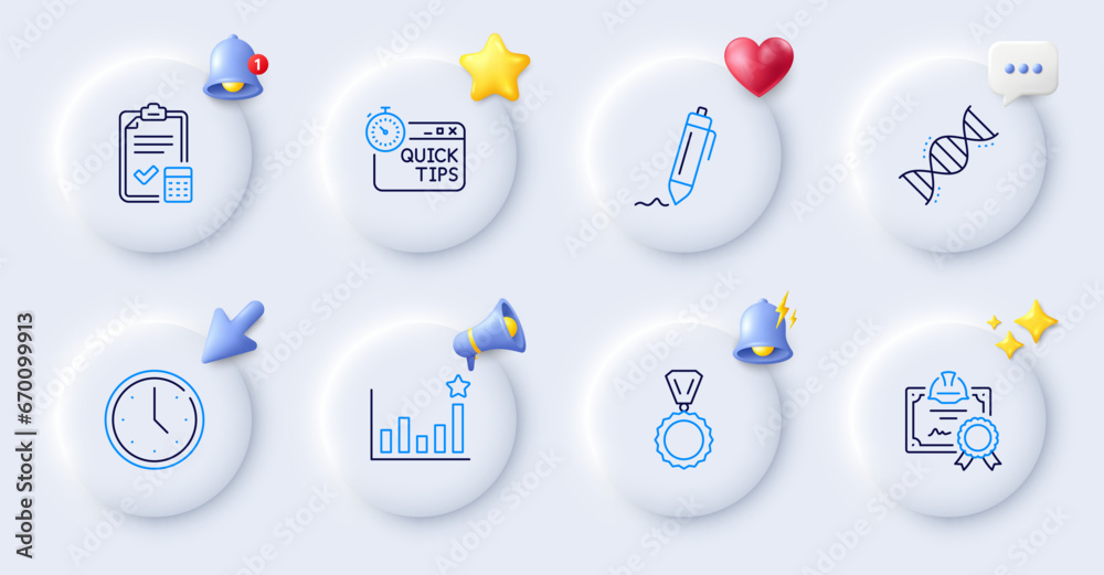 Certificate, Time and Efficacy line icons. Buttons with 3d bell, chat speech, cursor. Pack of Medal, Signature, Quick tips icon. Accounting checklist, Chemistry dna pictogram. Vector Certificate, Time and Efficacy line icons. Buttons with 3d bell, chat speech, cursor. Pack of Medal, Signature, Quick tips icon. Accounting checklist, Chemistry dna pictogram. Vector