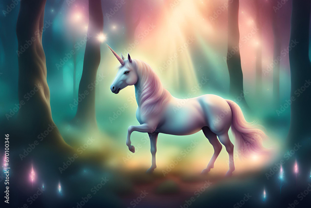 Unicorn in the forest. Magic fantasy landscape. Generative AI
