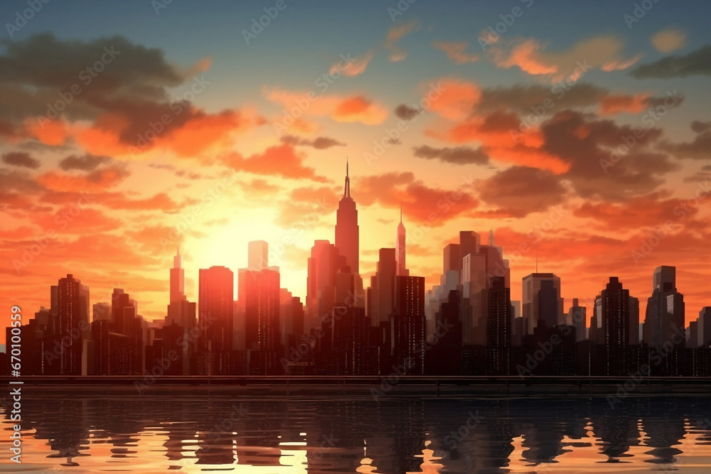 Obraz premium Manhattan skyscrapers cityscape downtown landmark sunset skyline sky architecture urban city travel buildings