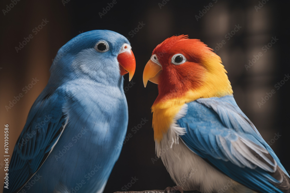 Two parrots on a blue background - Generative AI 